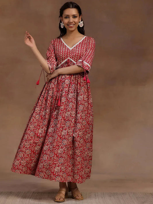 Pink Printed Cotton Fit and Flare Dress by My Store