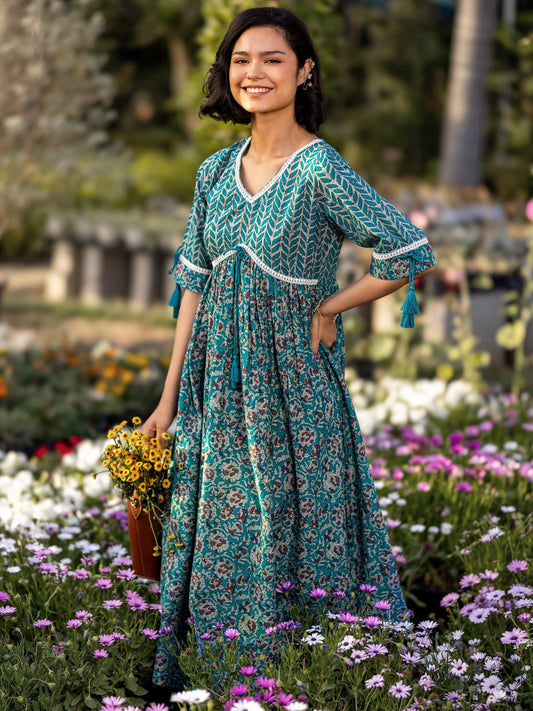 Green Printed Cotton Fit and Flare Dress by My Store