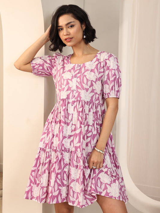 Purple Printed Cotton Fit and Flare One Piece Dress by My Store