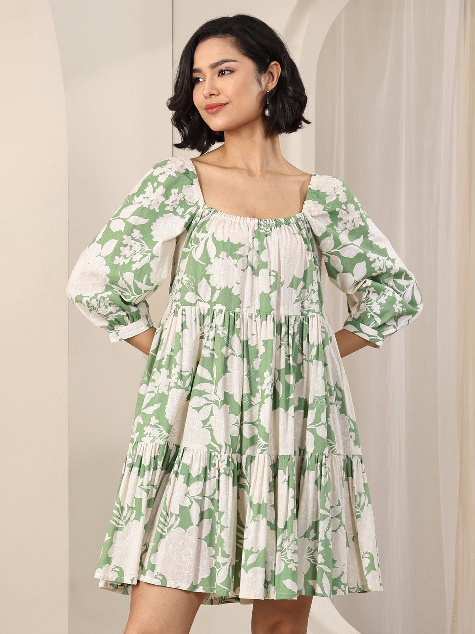 Green Printed Cotton A-Line One Piece Dress by My Store