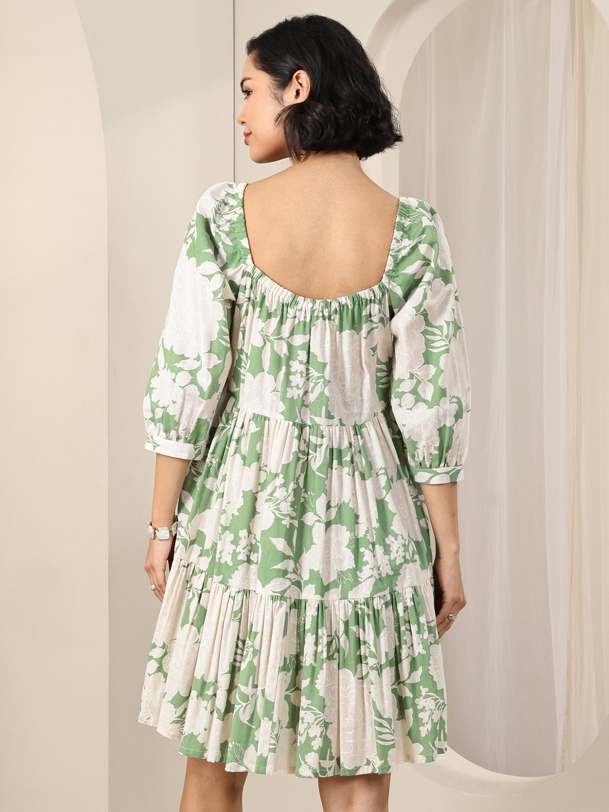 Green Printed Cotton A-Line One Piece Dress by My Store
