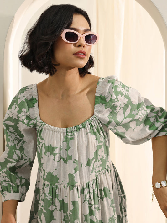 Green Printed Cotton A-Line One Piece Dress by My Store