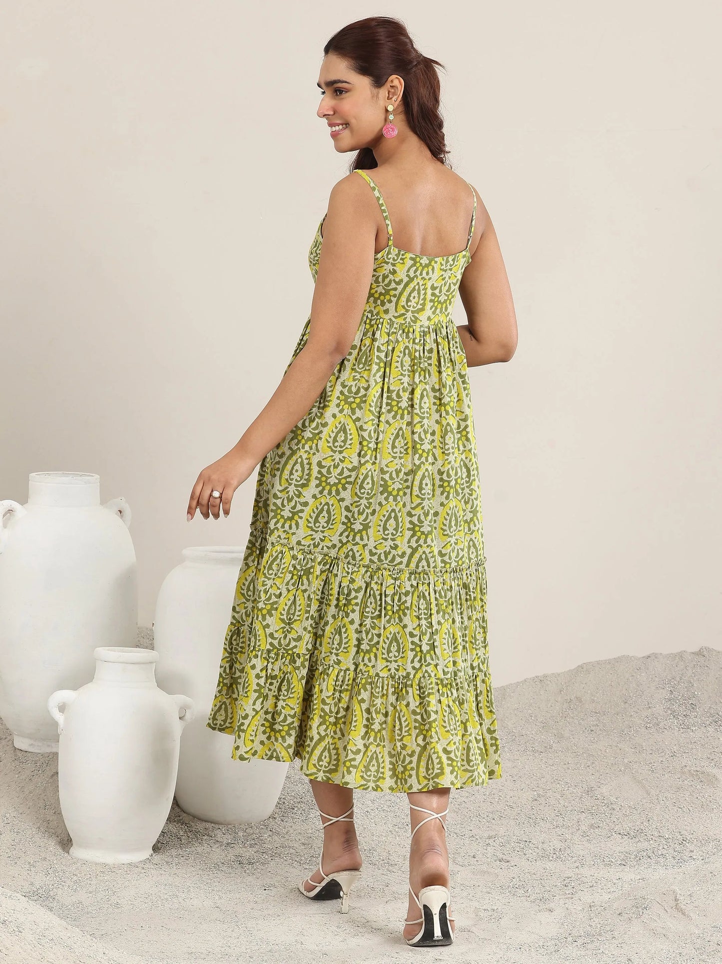 Olive Printed Cotton Fit and Flare One Piece Dress by My Store