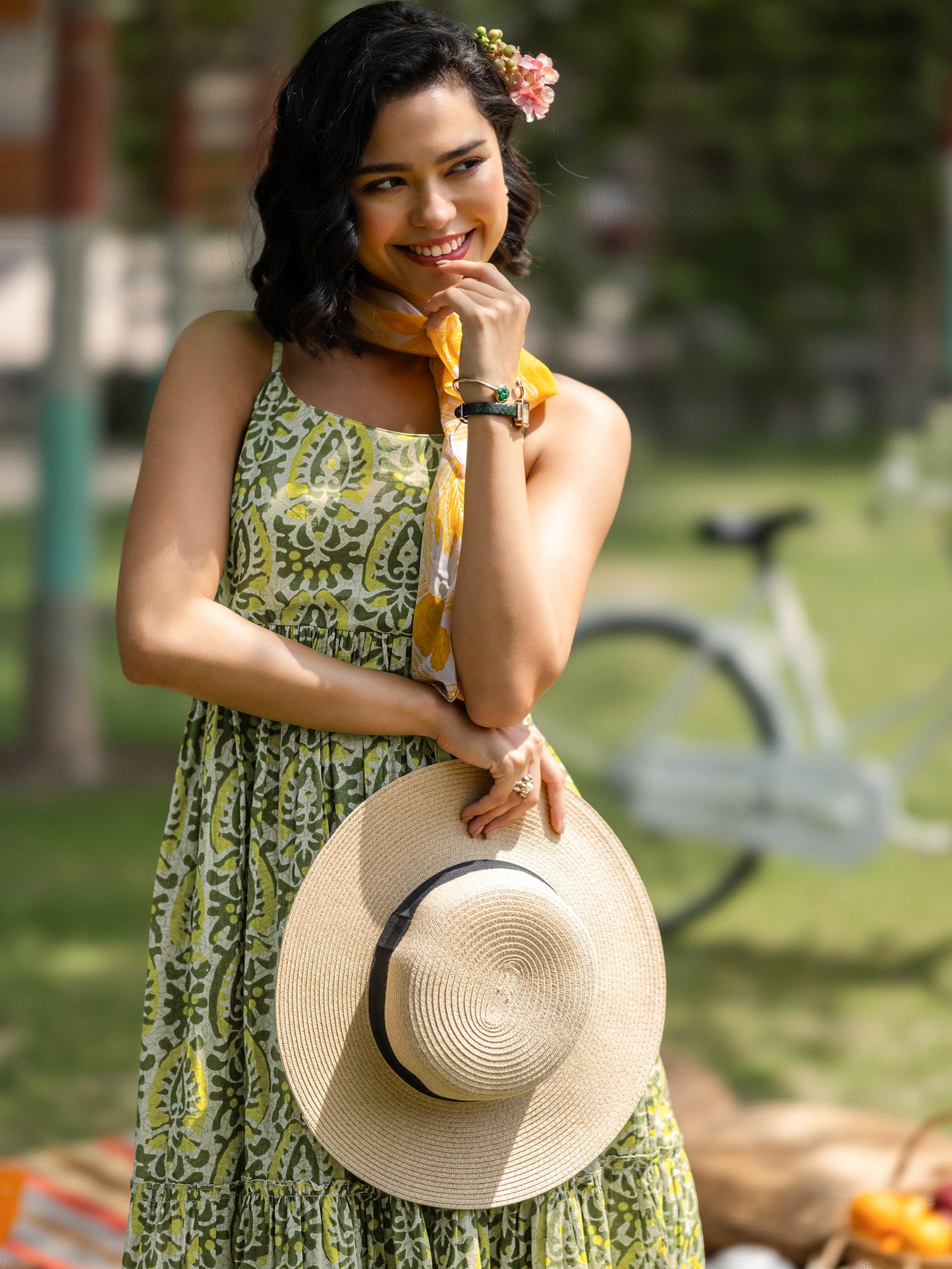 Olive Printed Cotton Fit and Flare One Piece Dress by My Store