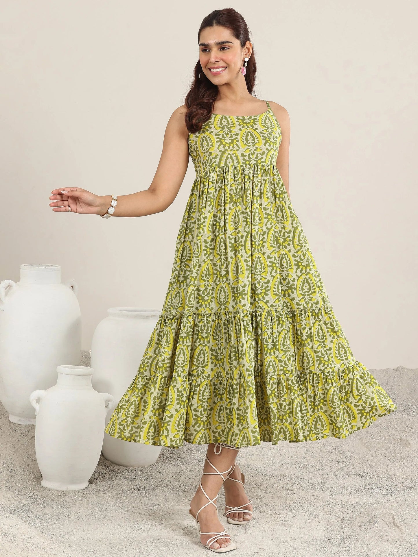 Olive Printed Cotton Fit and Flare One Piece Dress by My Store