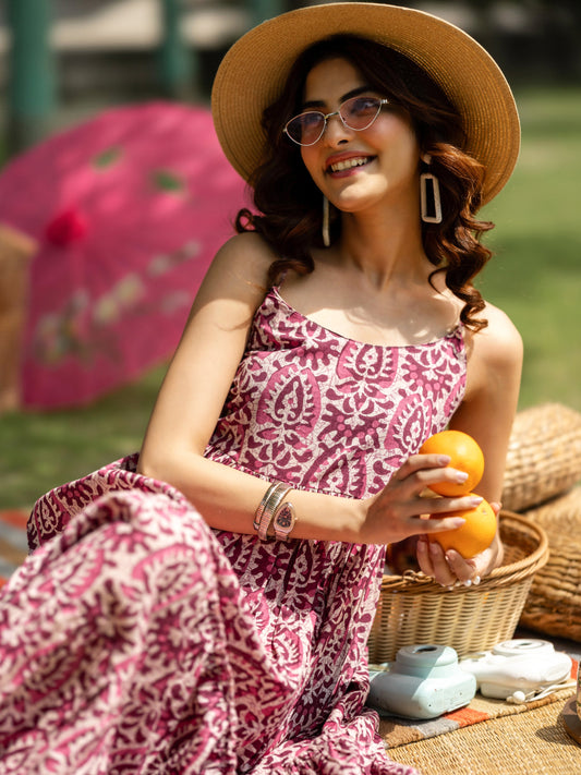 Mauve Printed Cotton Fit and Flare One Piece Dress by My Store