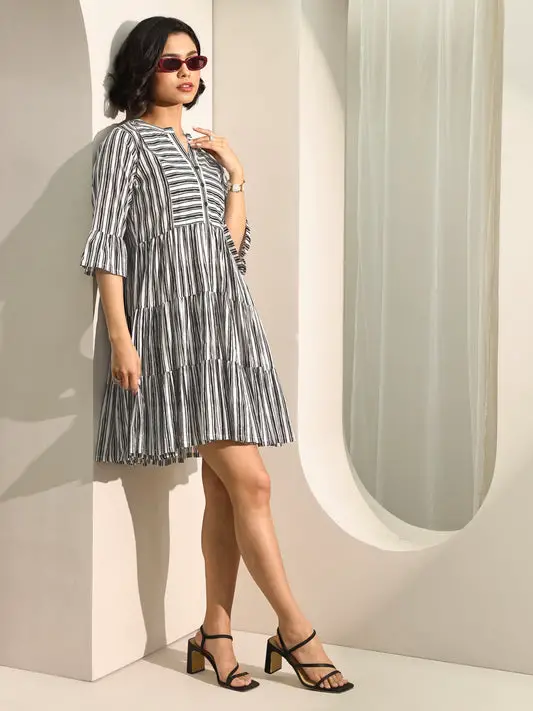 Black Printed Cotton Fit and Flare One Piece Dress