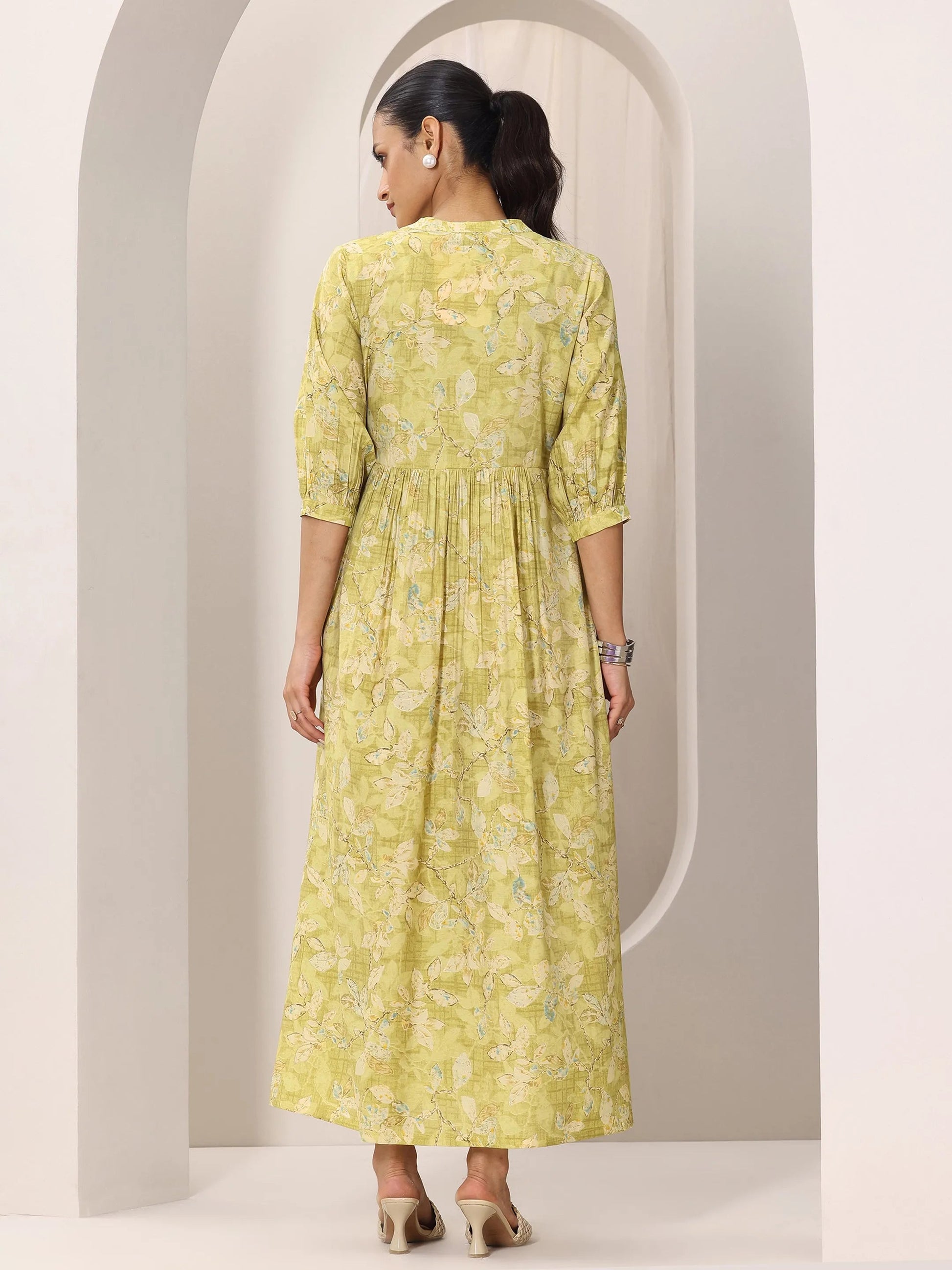 Olive Printed Silk Blend A-Line One Piece Dress by My Store