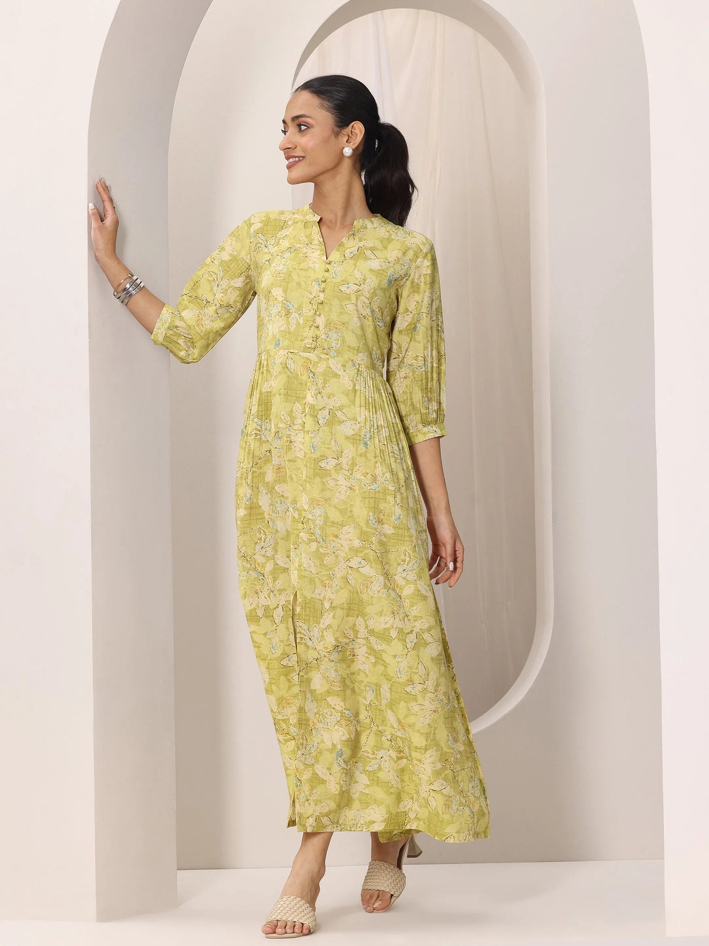 Olive Printed Silk Blend A-Line One Piece Dress by My Store