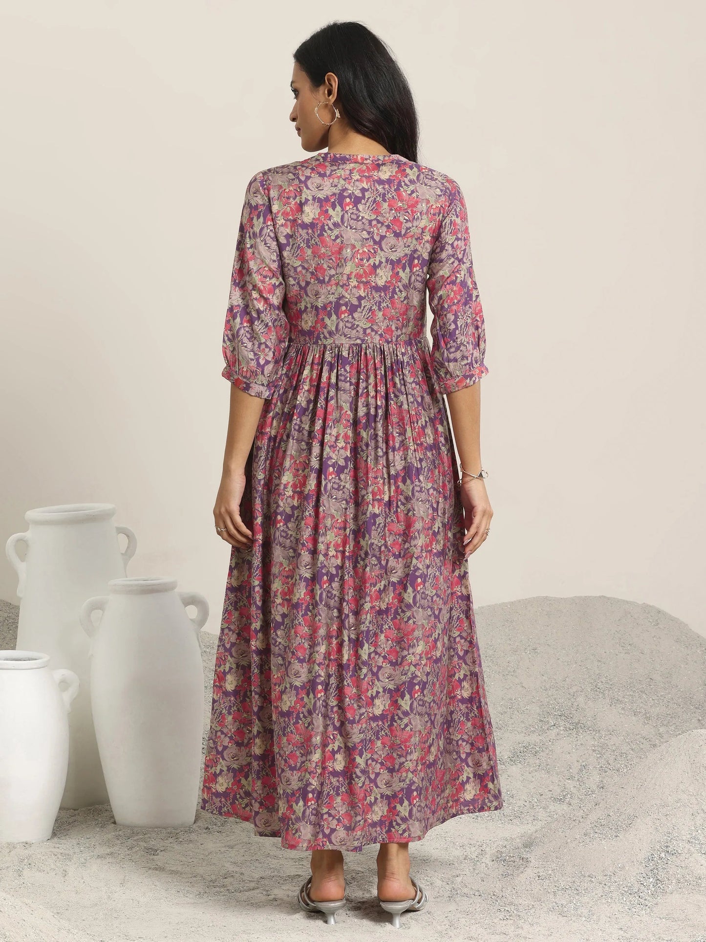 Wine Printed Silk Blend A-Line One Piece Dress