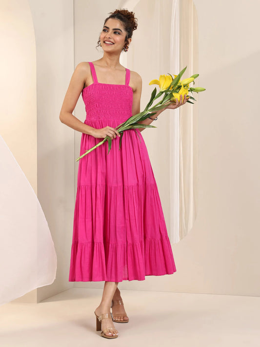 Pink Solid Cotton Fit and Flare One Piece Dress by My Store