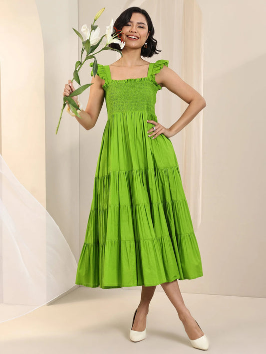 Green Solid Cotton Fit and Flare One Piece Dress by My Store