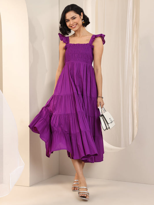 Purple Solid Cotton Fit and Flare One Piece Dress by My Store