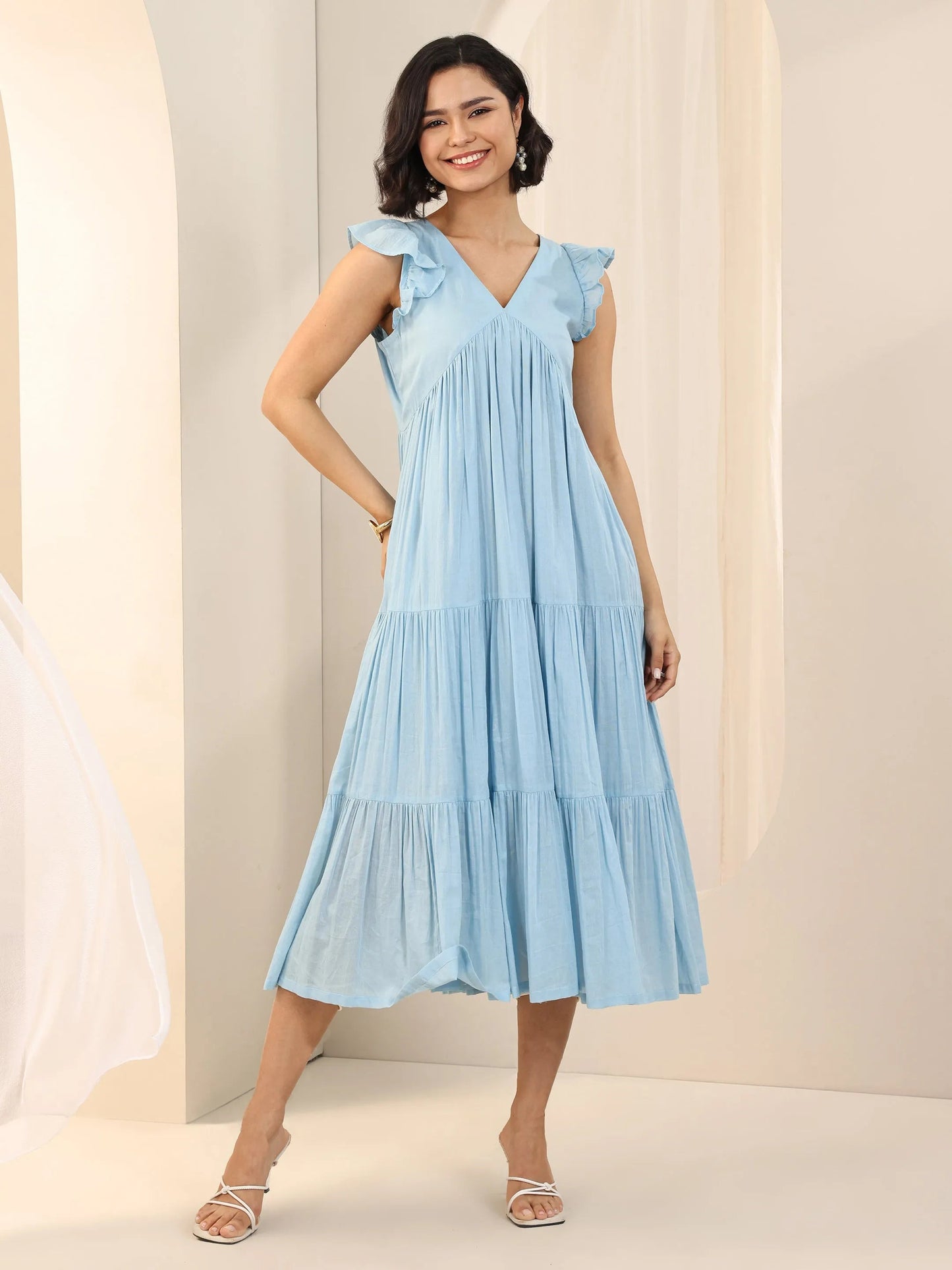 Blue Solid Cotton Fit and Flare One Piece Dress by My Store