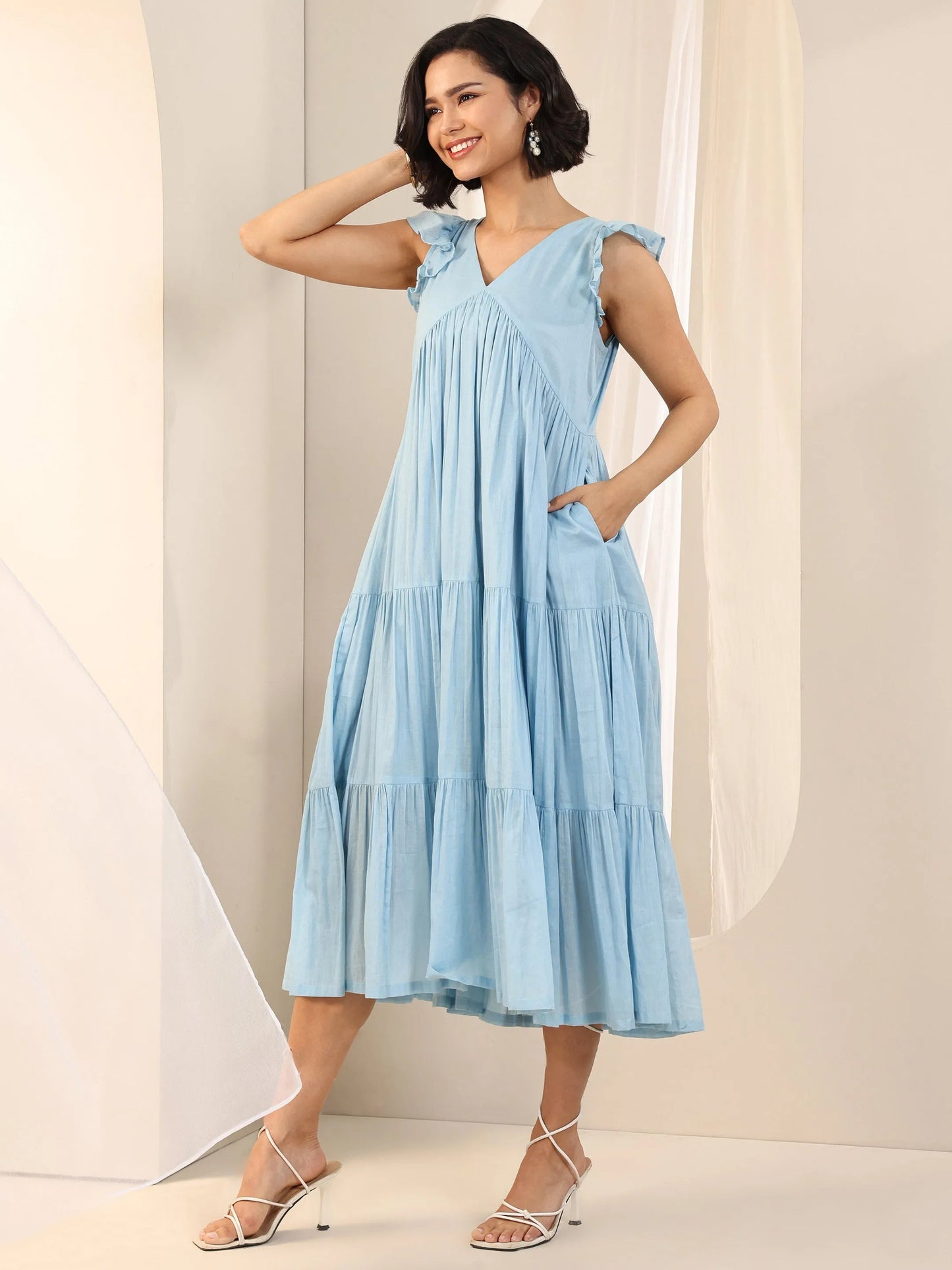Blue Solid Cotton Fit and Flare One Piece Dress by My Store