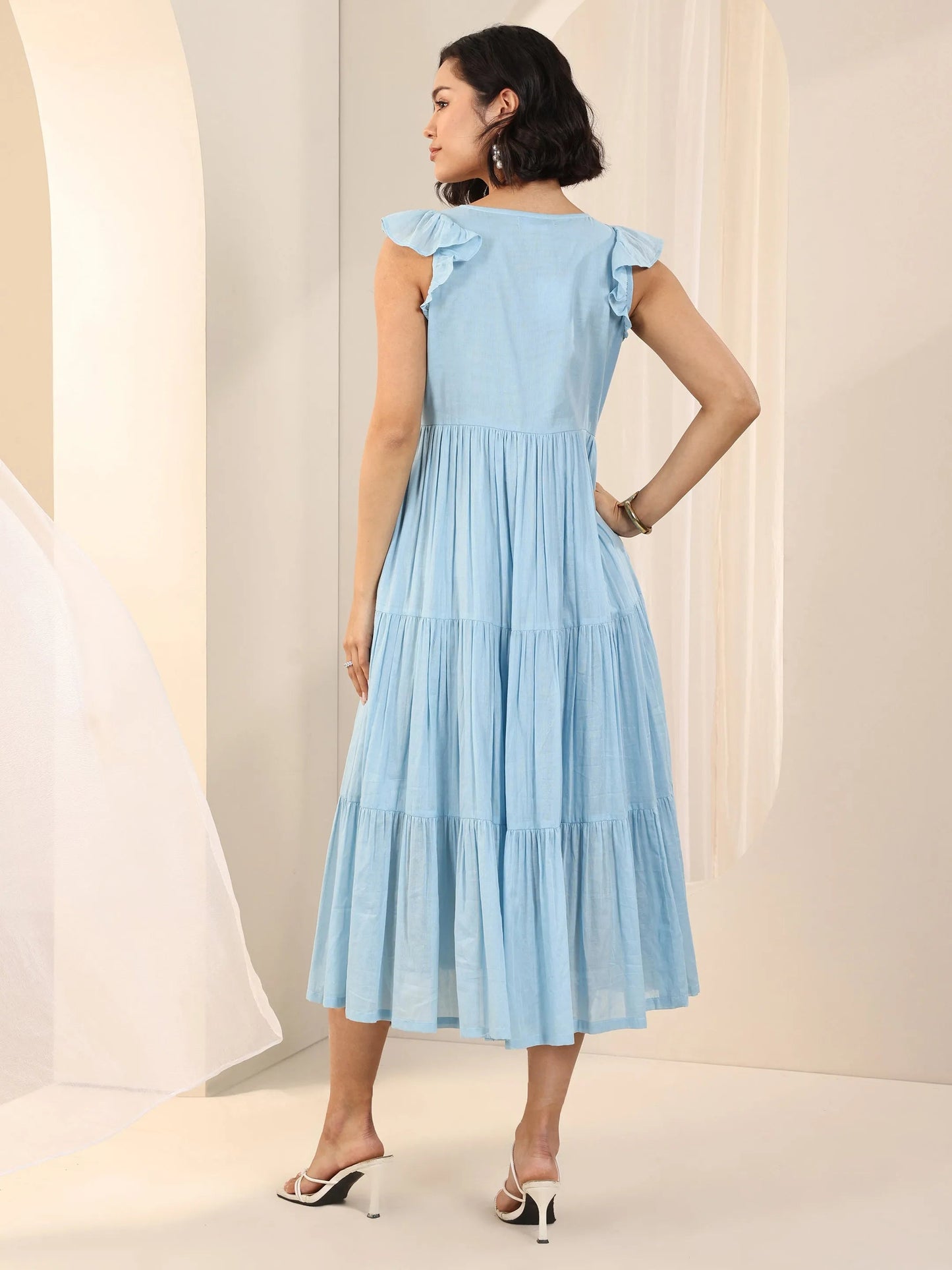 Blue Solid Cotton Fit and Flare One Piece Dress by My Store