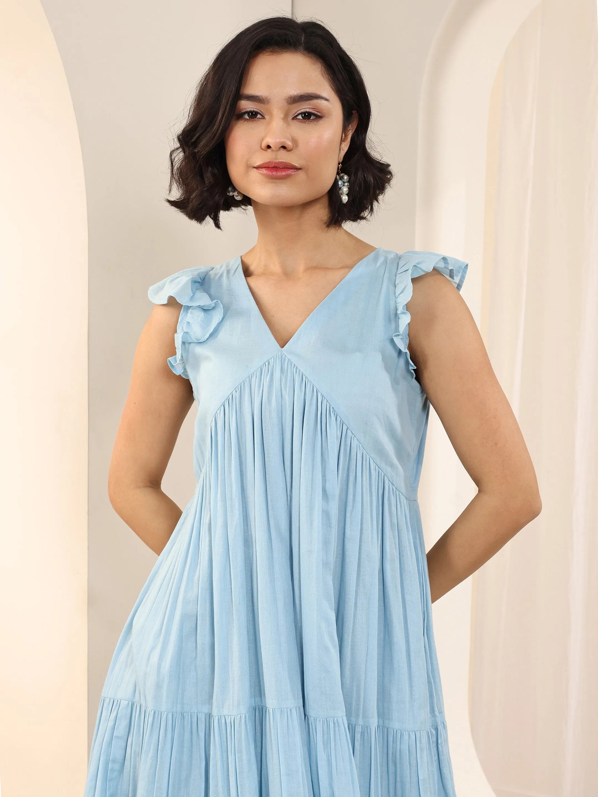 Blue Solid Cotton Fit and Flare One Piece Dress by My Store