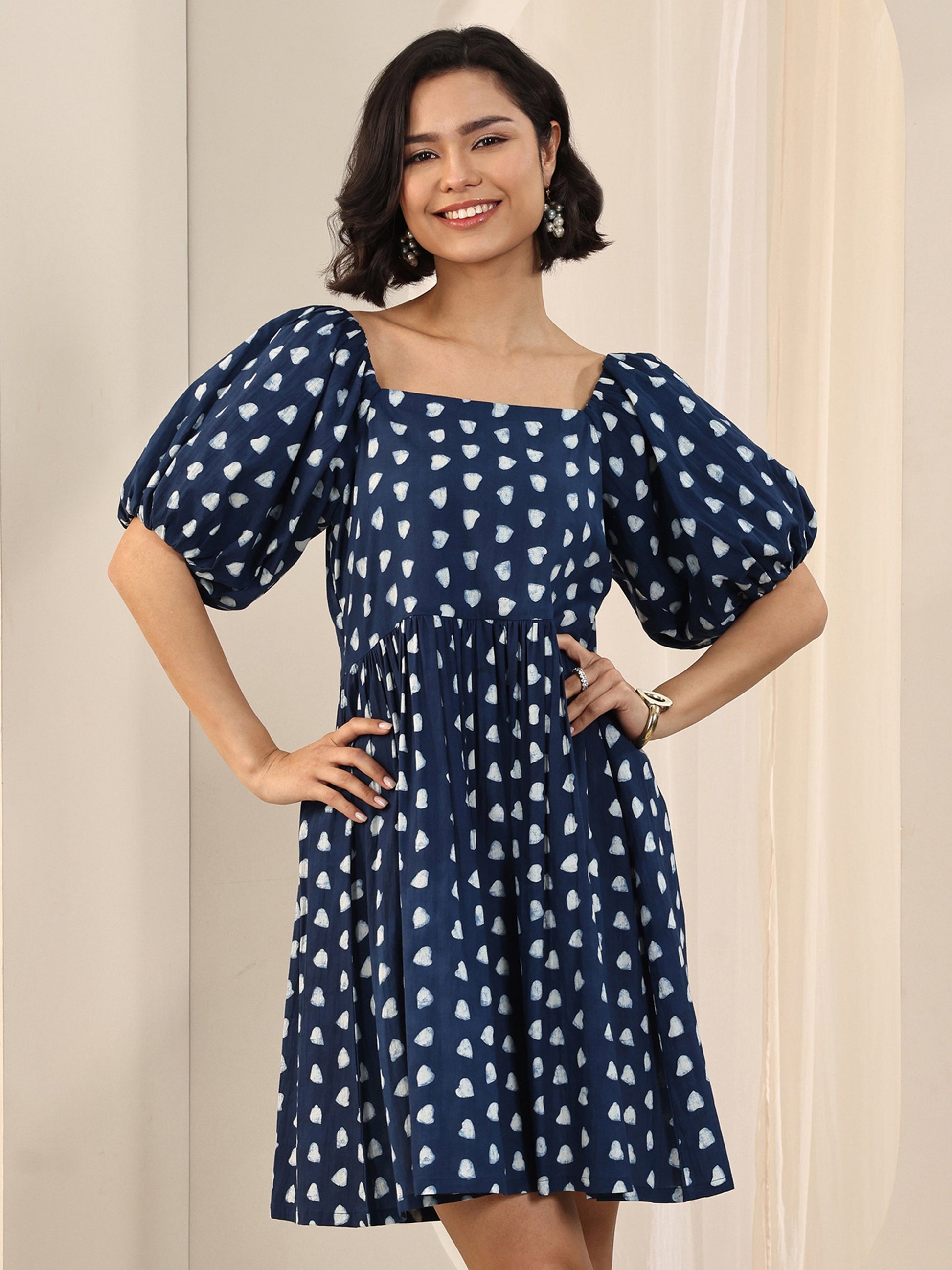 Indigo Printed Cotton Fit and Flare One Piece Dress by My Store
