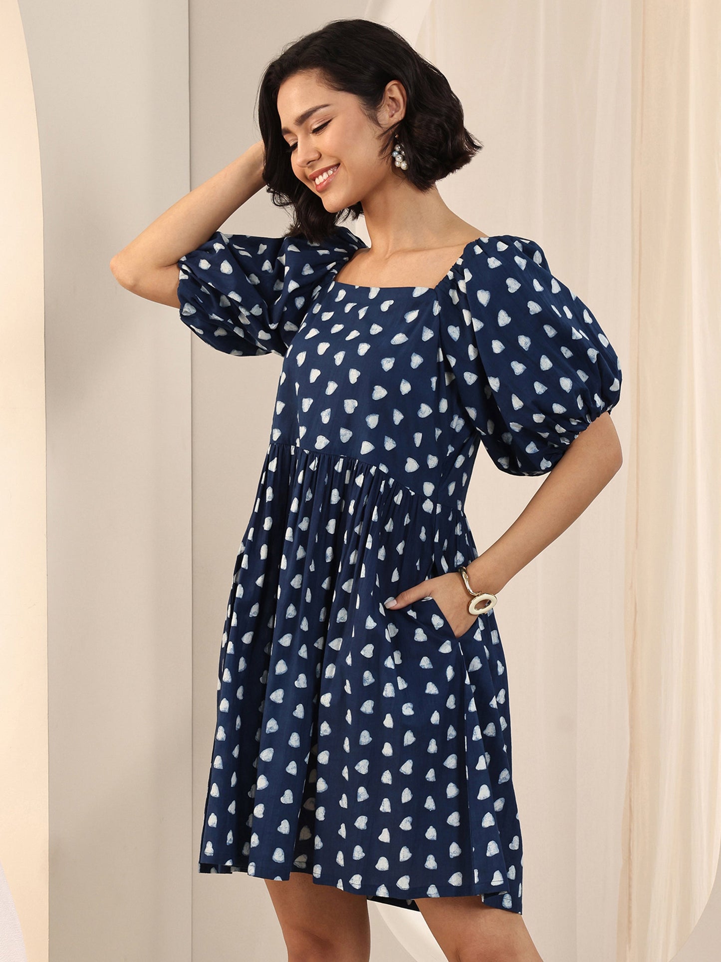 Indigo Printed Cotton Fit and Flare One Piece Dress by My Store