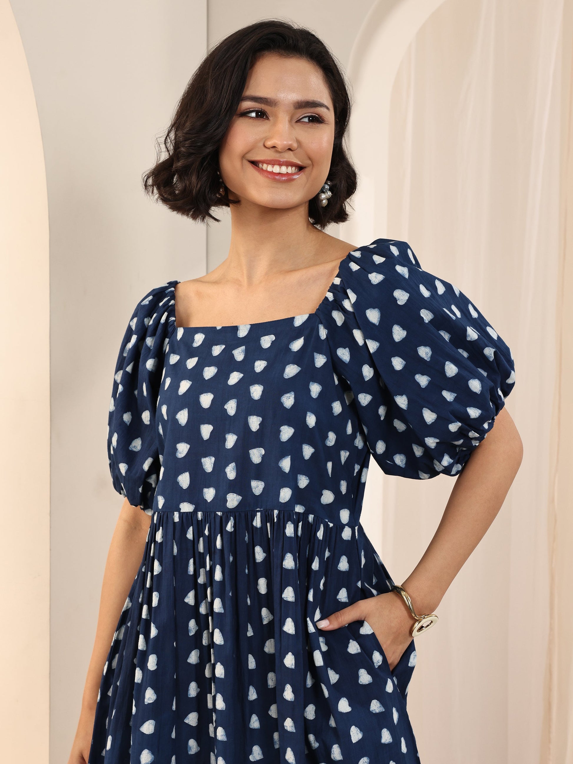 Indigo Printed Cotton Fit and Flare One Piece Dress by My Store