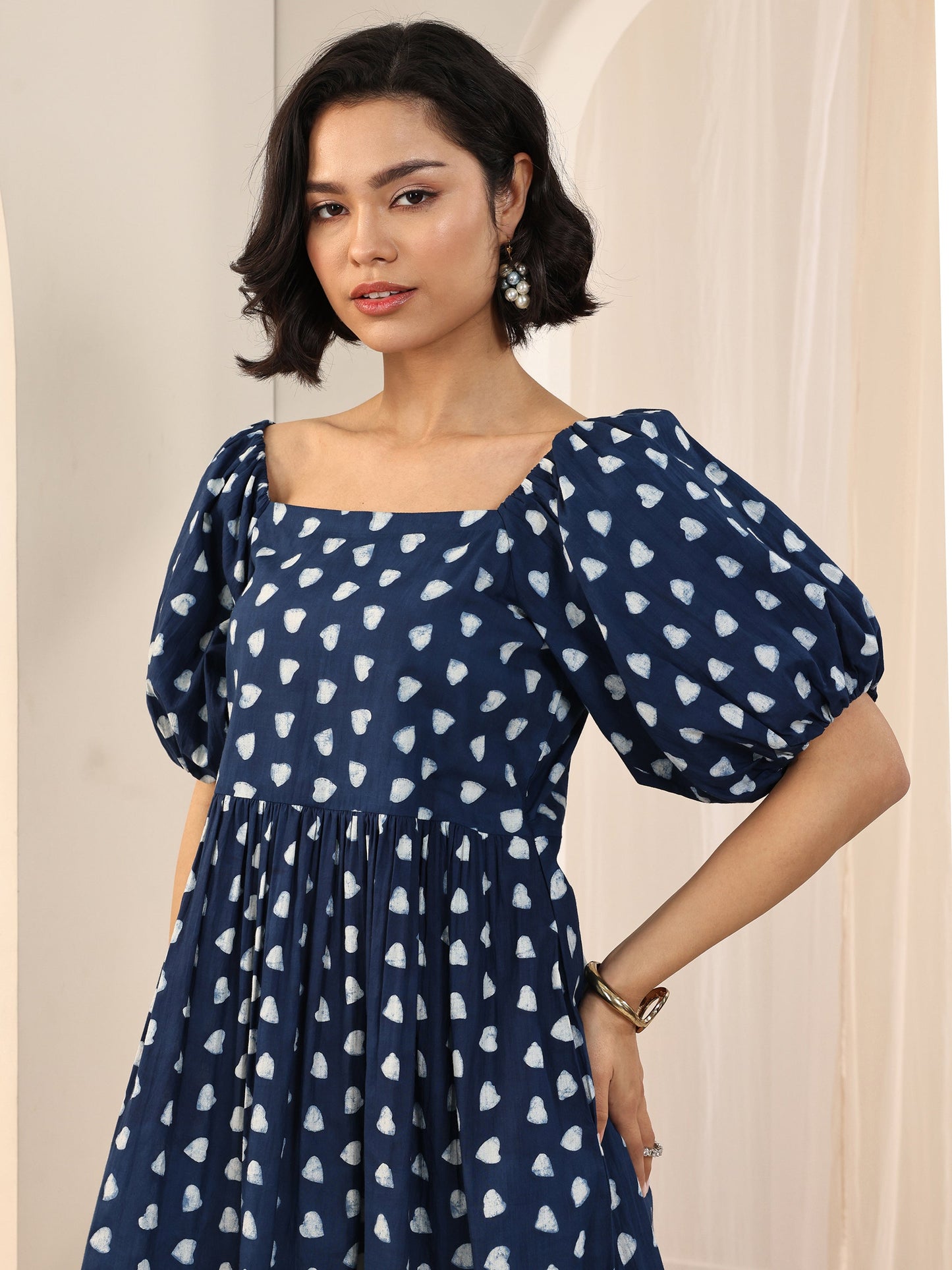Indigo Printed Cotton Fit and Flare One Piece Dress by My Store