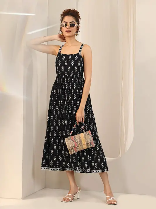 Black Printed Cotton Fit and Flare One Piece Dress