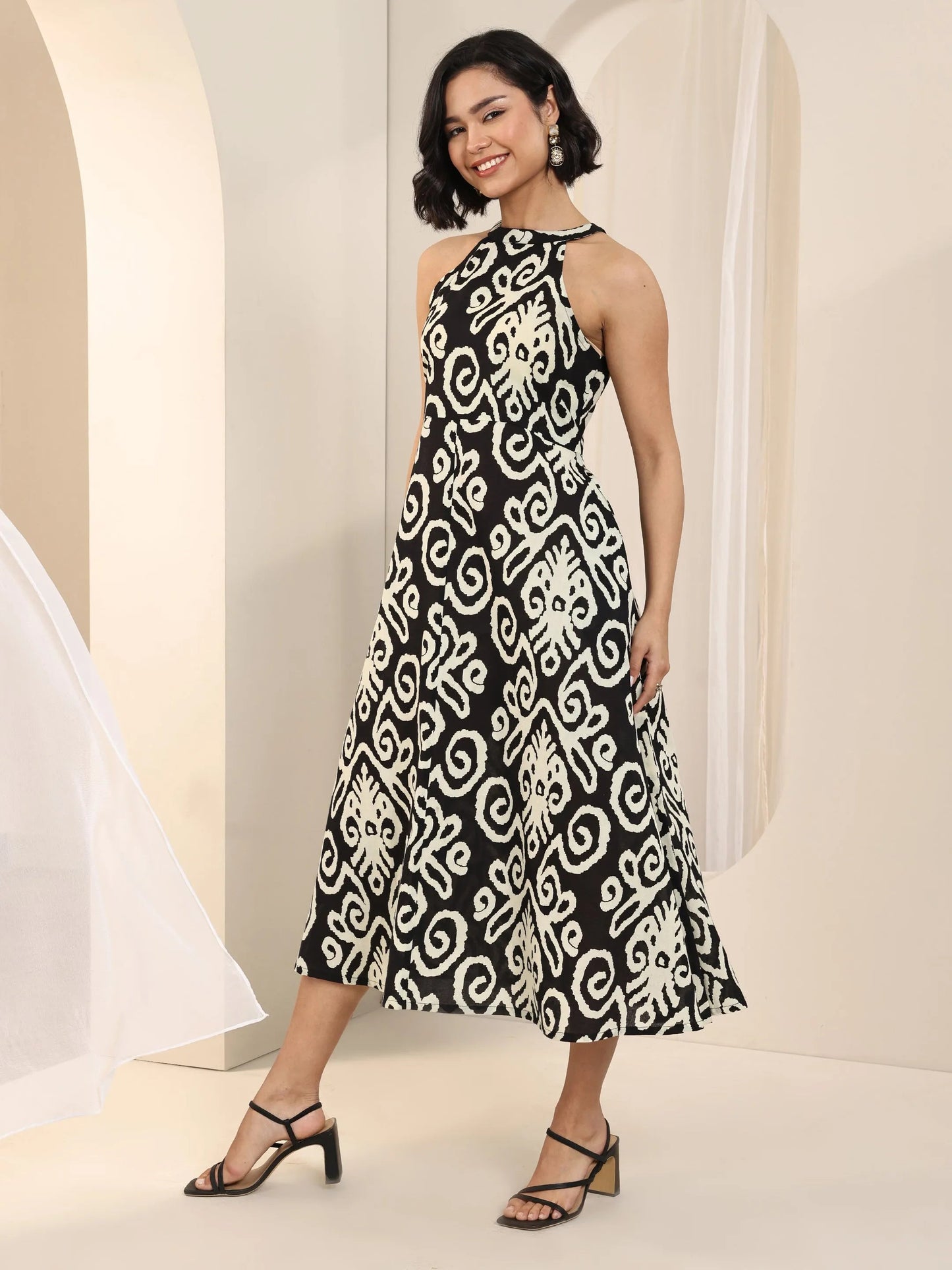 Black Printed Cotton Anarkali One Piece Dress