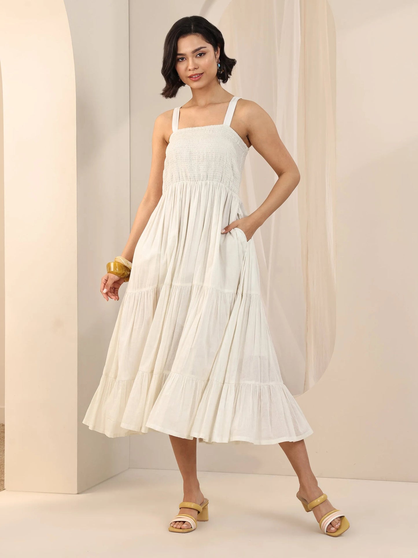 Off White Solid Cotton Fit and Flare One Piece Dress by My Store