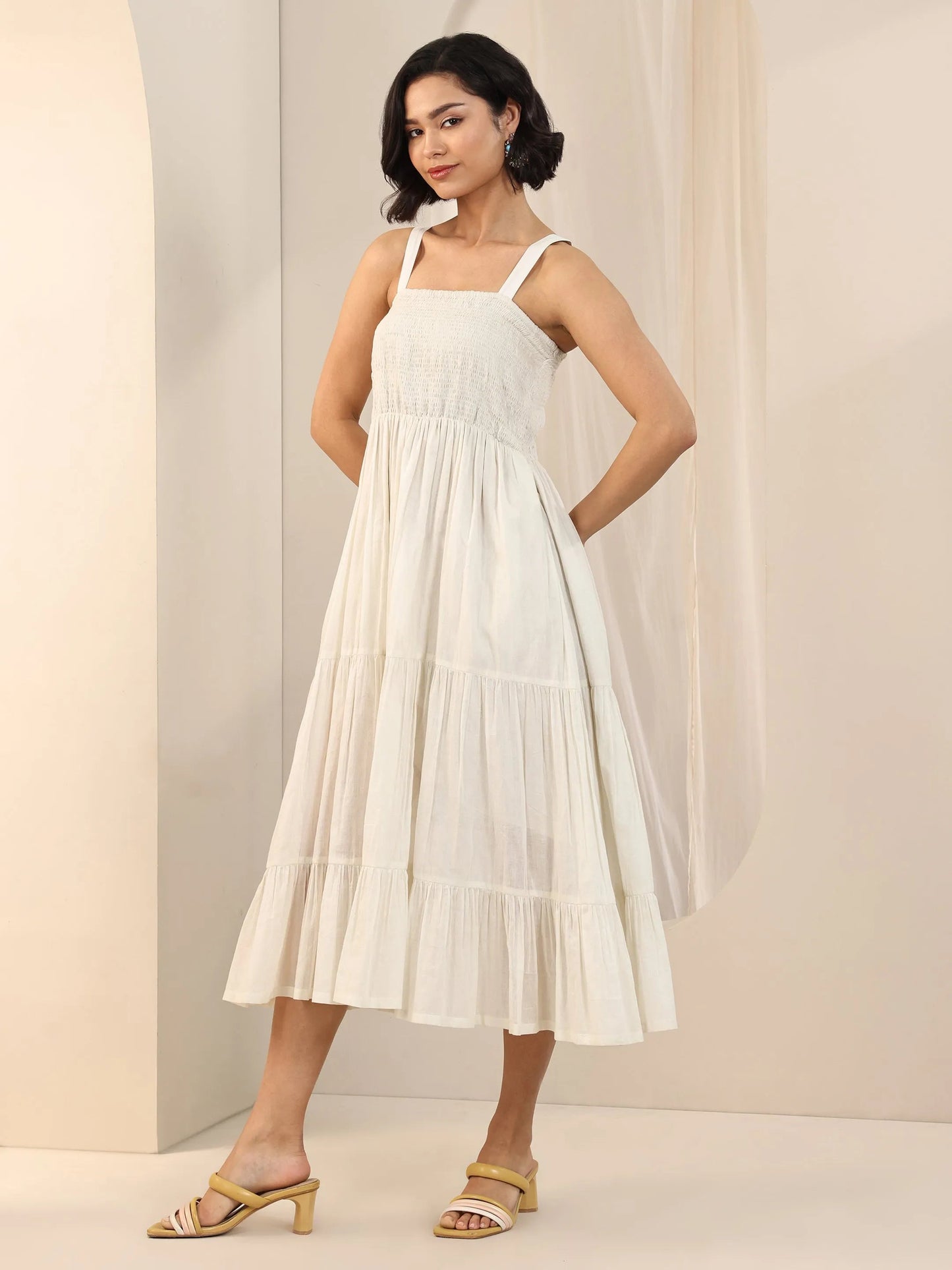 Off White Solid Cotton Fit and Flare One Piece Dress by My Store