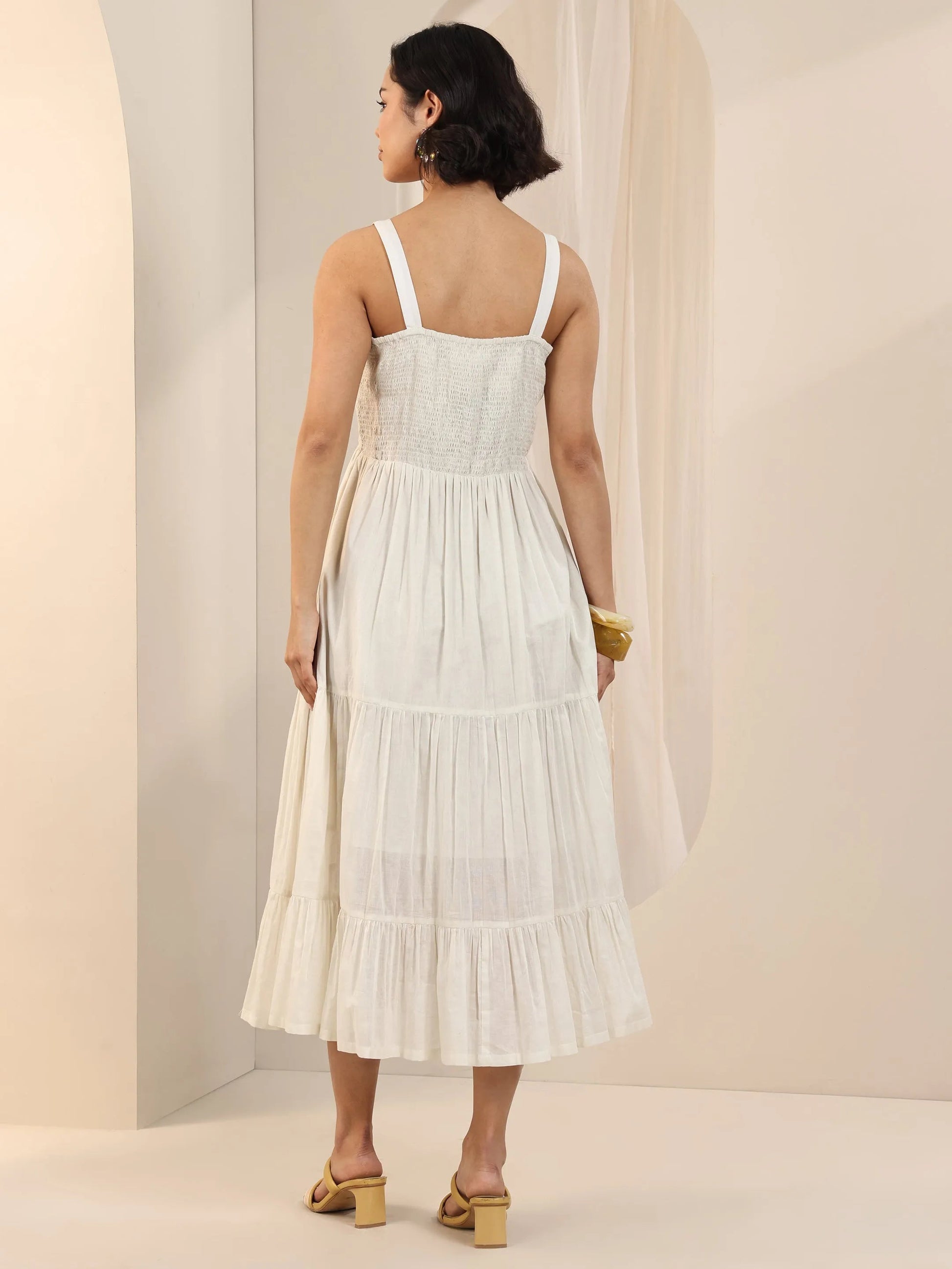 Off White Solid Cotton Fit and Flare One Piece Dress by My Store