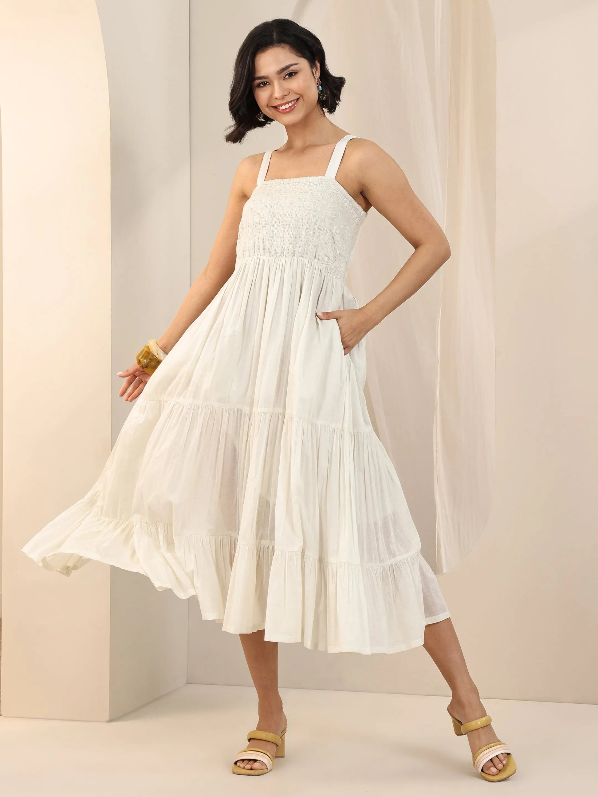 Off White Solid Cotton Fit and Flare One Piece Dress by My Store