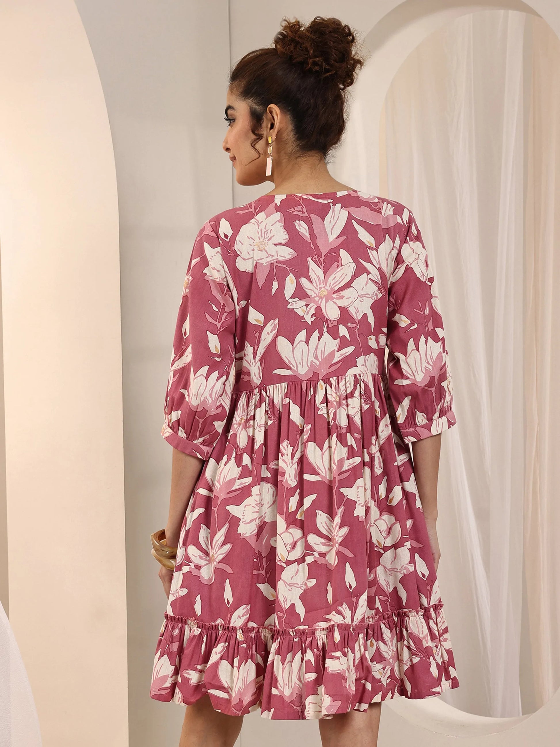 Rust Printed Cotton Fit and Flare One Piece Dress by My Store