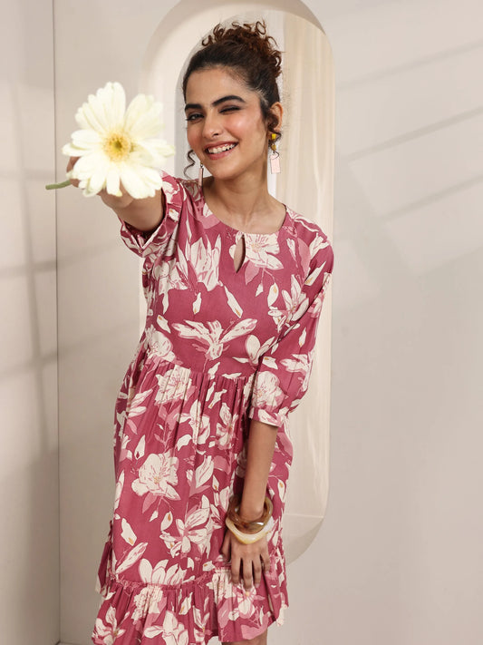 Rust Printed Cotton Fit and Flare One Piece Dress by My Store