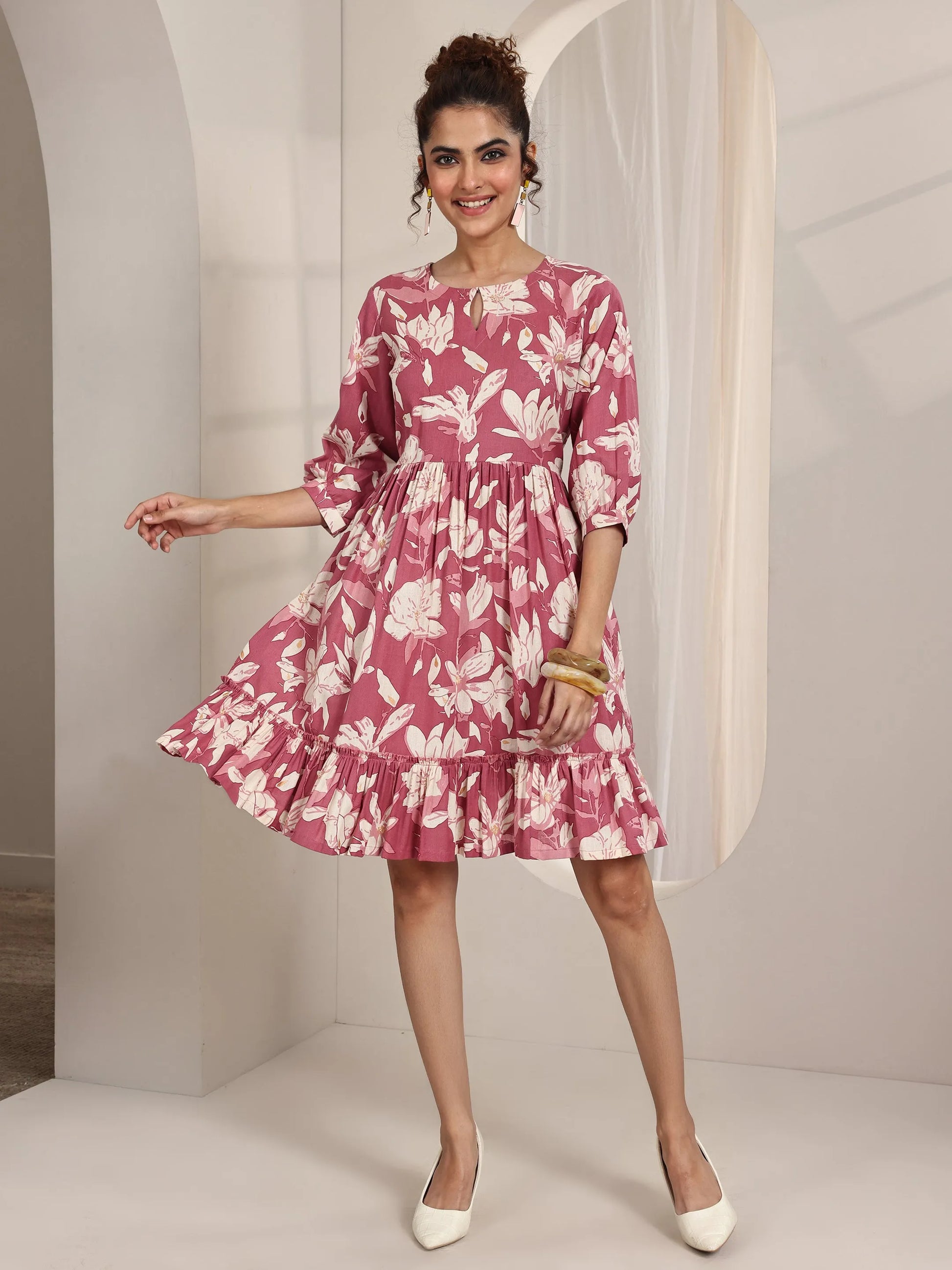 Rust Printed Cotton Fit and Flare One Piece Dress by My Store
