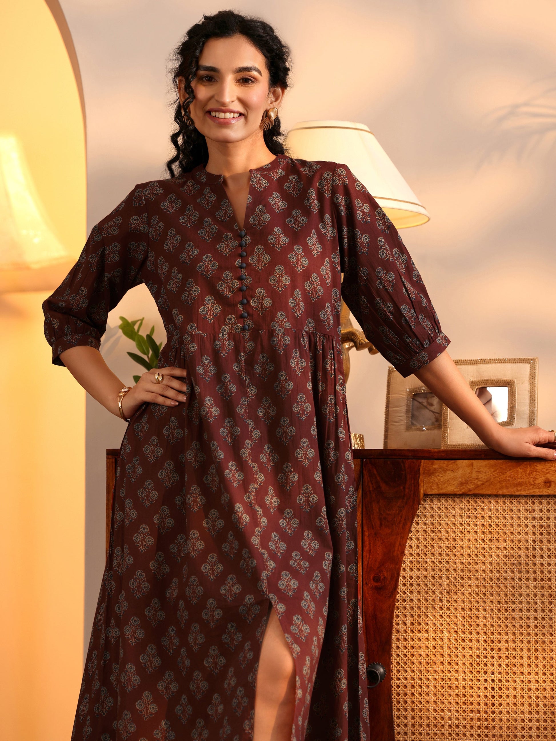 Rust Printed Cotton A-Line One Piece Dress by My Store