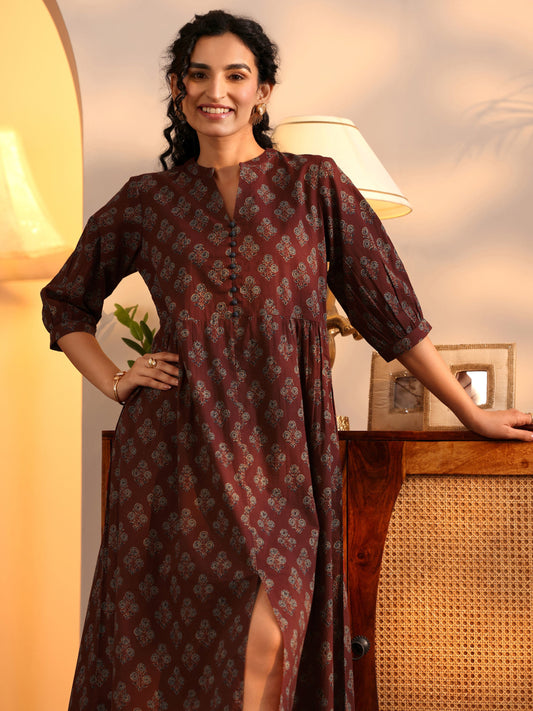 Rust Printed Cotton A-Line One Piece Dress by My Store