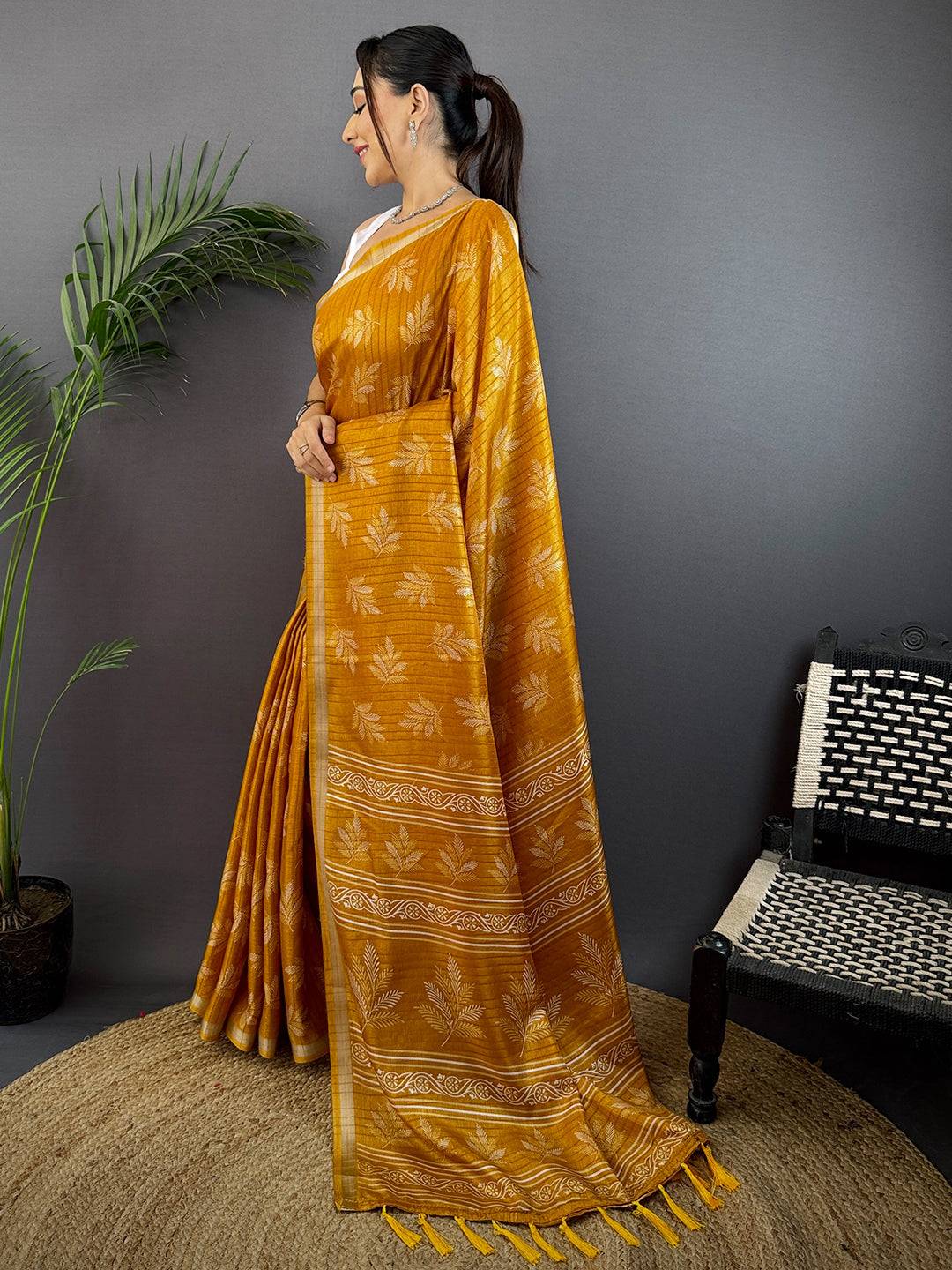 Mustard Leaf Print Ghicha Handloom Saree by My Store