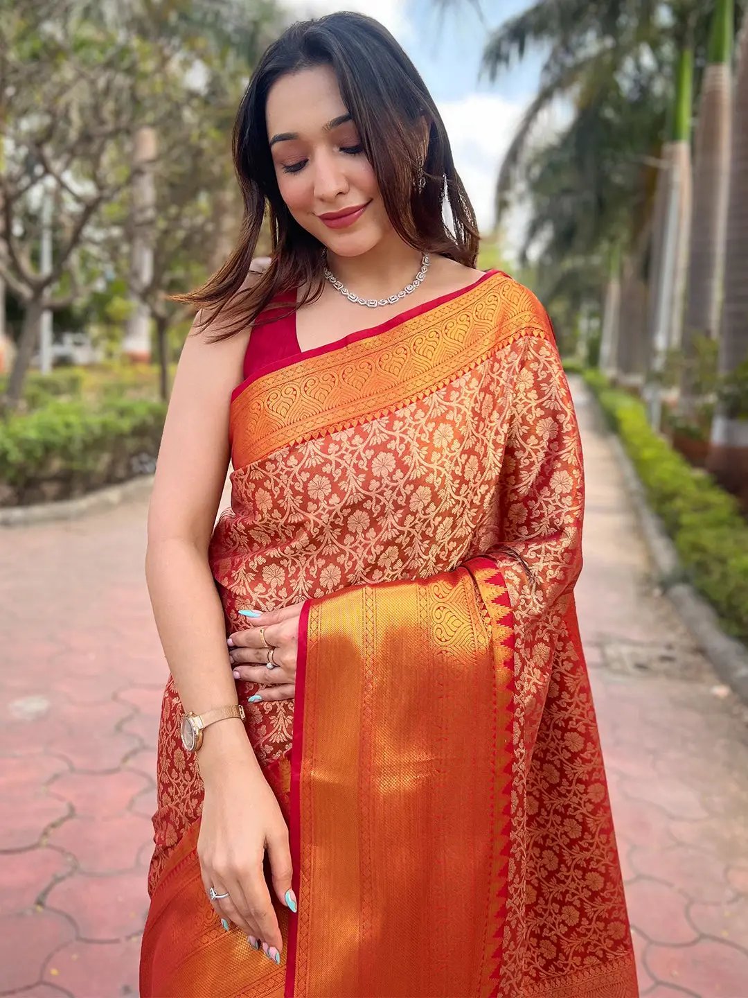 Orange Colour One Gram Gold Tissue Saree With Jacquard Woven Work by My Store