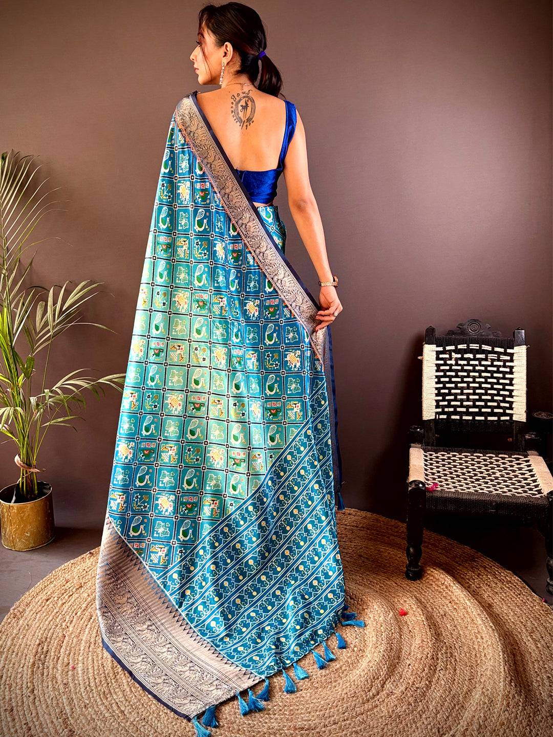 Ombre Sky Blue Soft Silk Patola Print Saree by My Store