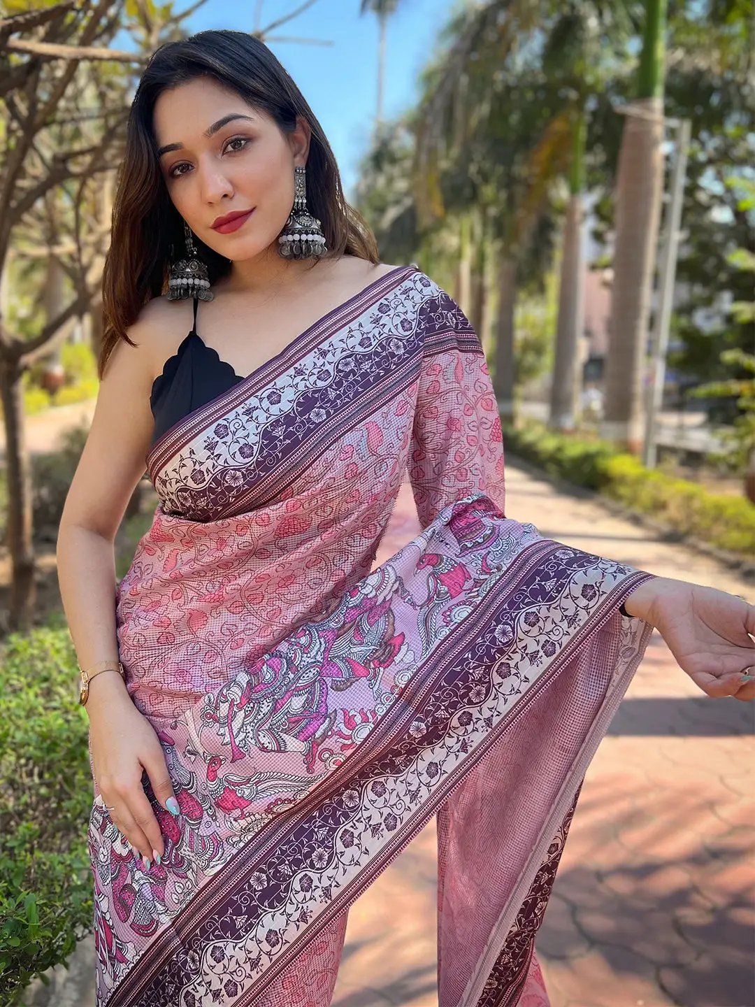 Satin Kota Doria Saree With Kalamkari Digital Print In Pink Colour by My Store