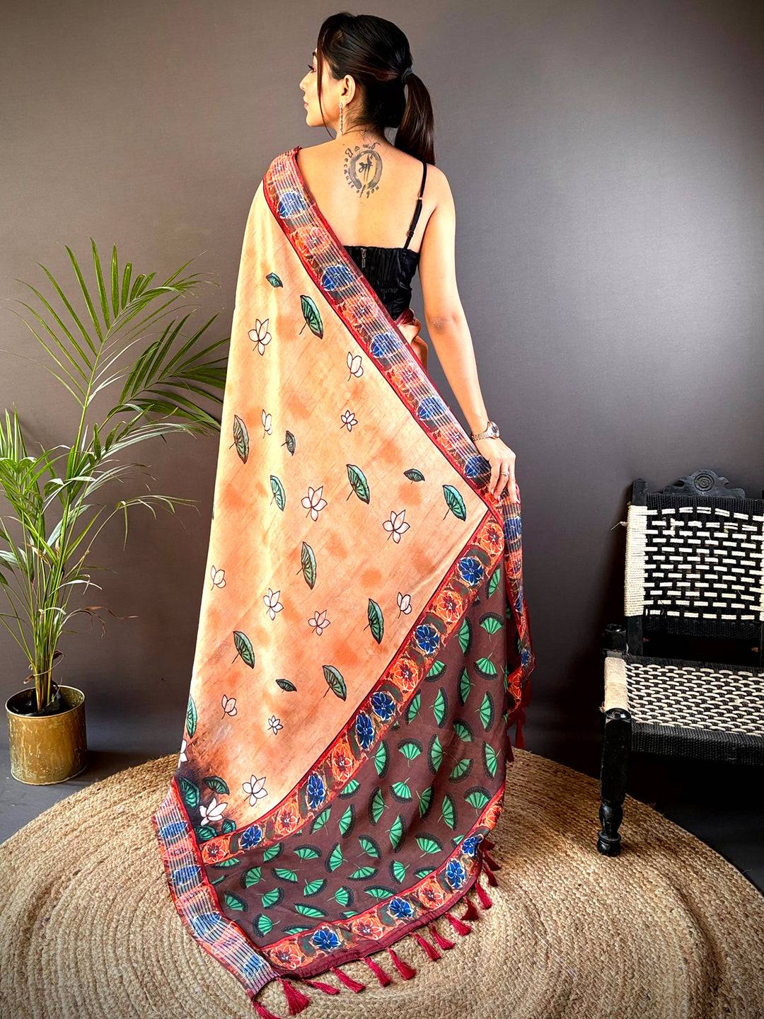Orange Georgette Pichwai Print Saree by My Store