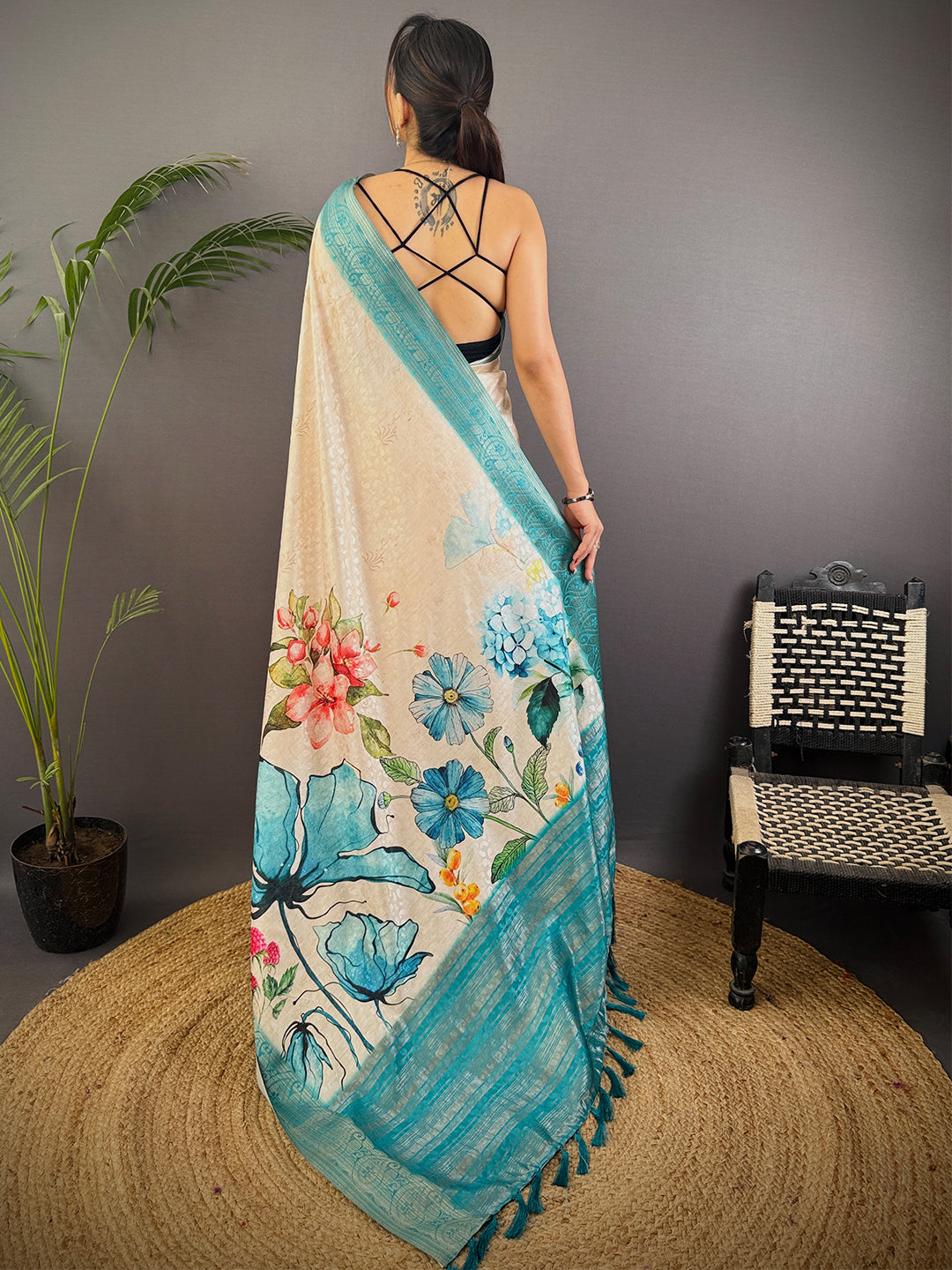 Light Cream Digital Print Soft Dola Silk Saree by My Store