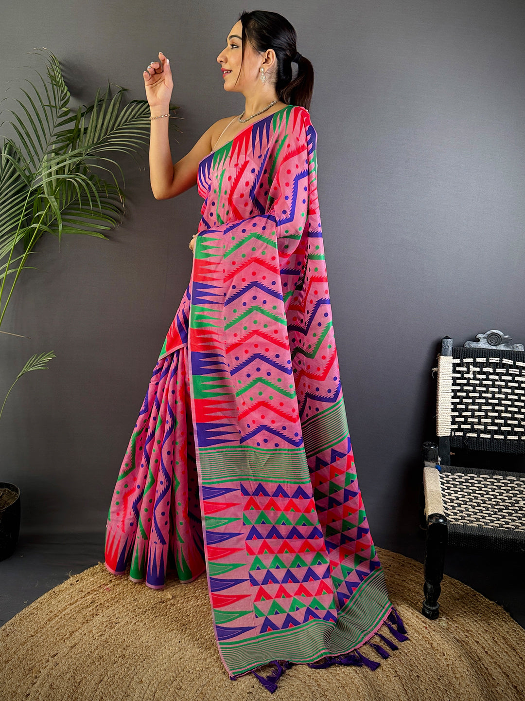Bright Pink Dhakai Cotton Jamdani Saree by My Store