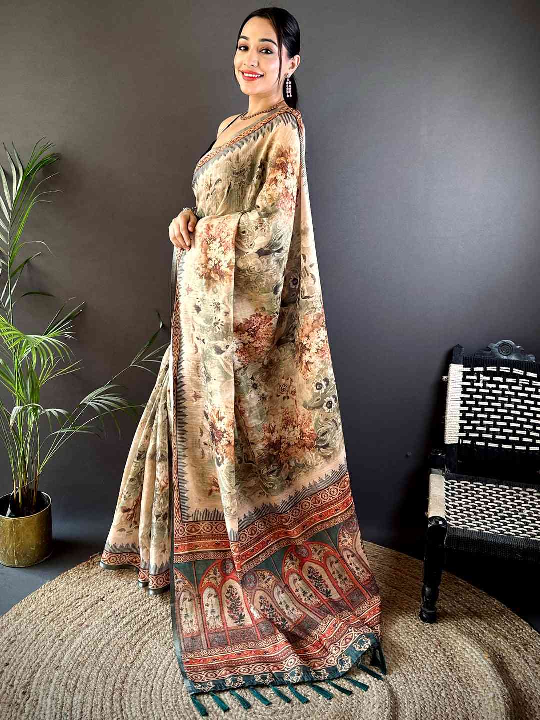 Olive Tussar Blossom Saree by My Store