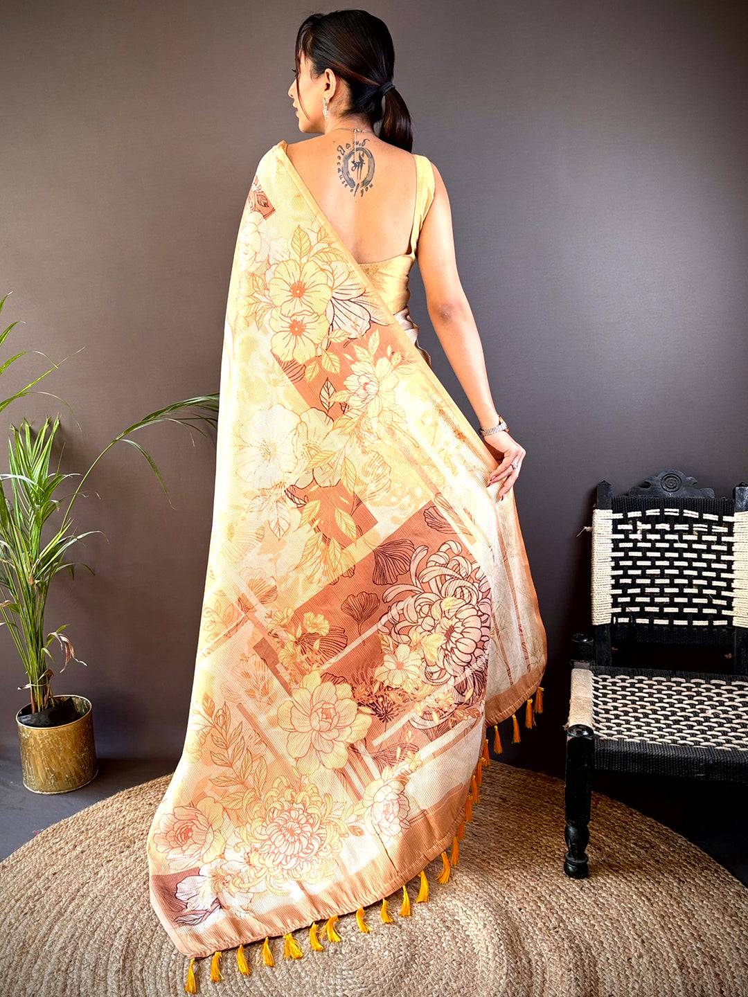 Mustard Tussar Floral Saree by My Store
