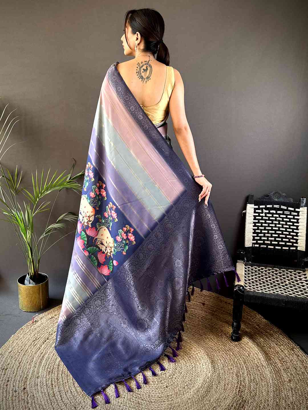 Lavender Kalamkari Ombre Crepe Silk Saree by My Store