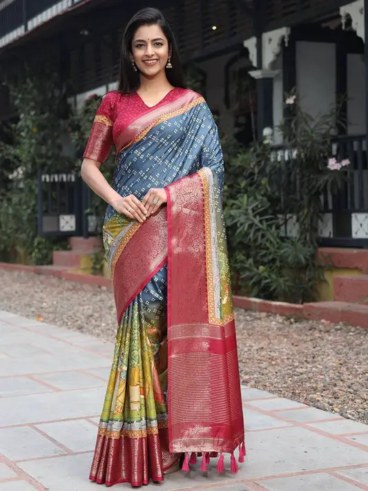 Blue Pure Viscose Dola Silk Saree with Exquisite Bandhej Print - Luxe