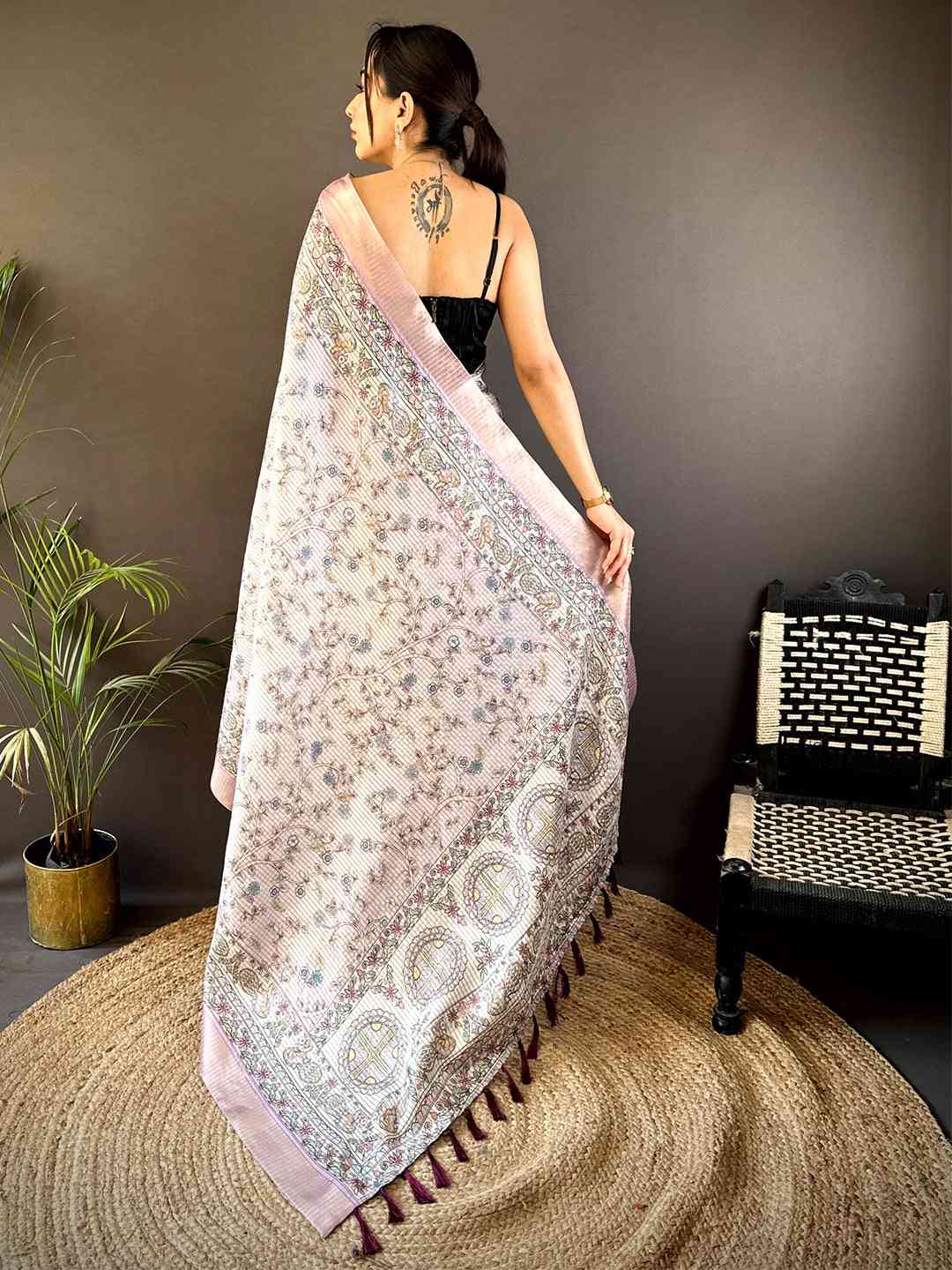 Light Pink Chanderi Madhubani Black Chex Saree by My Store