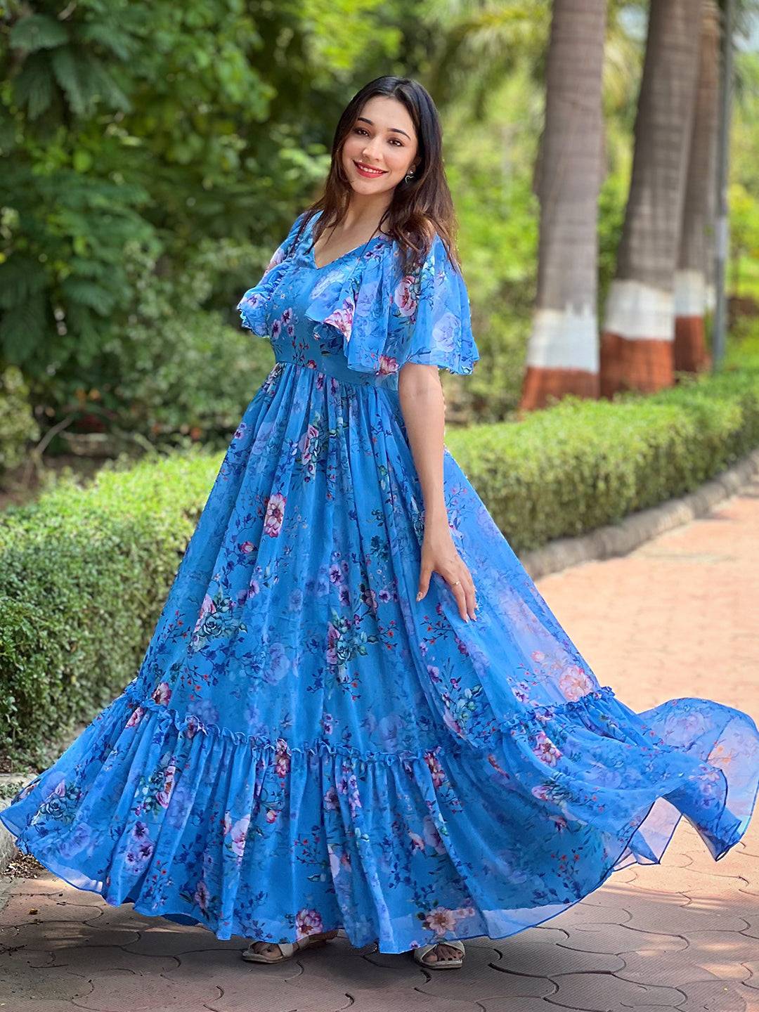 Orchid Blue Printed Flary Dress by My Store