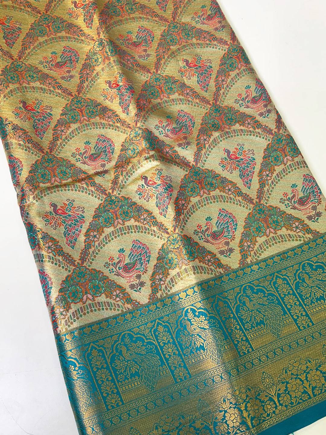 Majestic Rama And Gold Peacock Saree by My Store